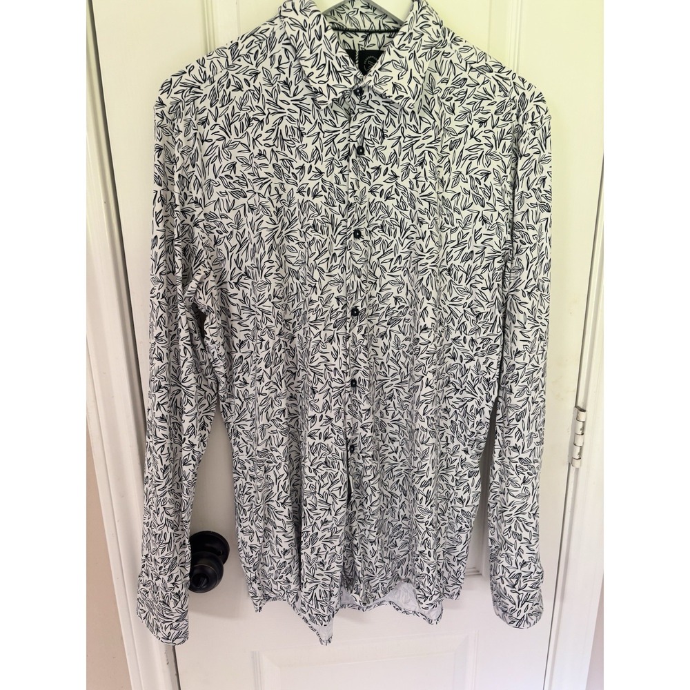 Hugo Boss P Hank Performance Shirt Men's Slim Fit L Large Black White Leaf Print